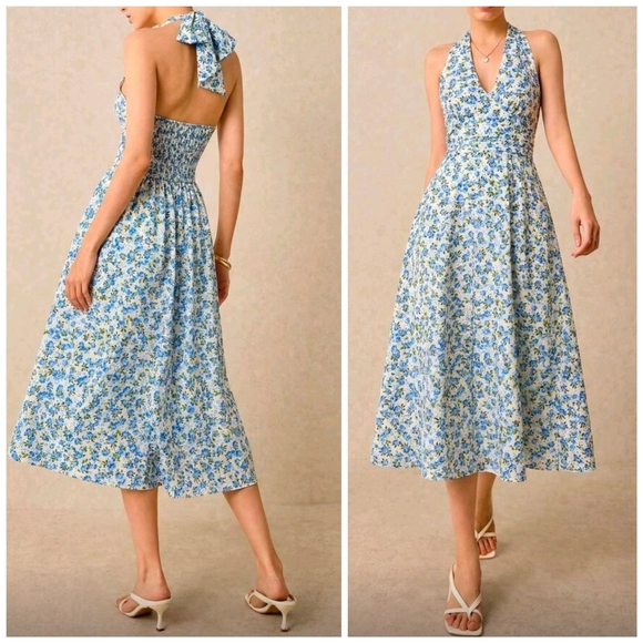 Boutique Dresses & Skirts - New Rose Floral Tie Halter Ruched Waist Midi Dress Blue White